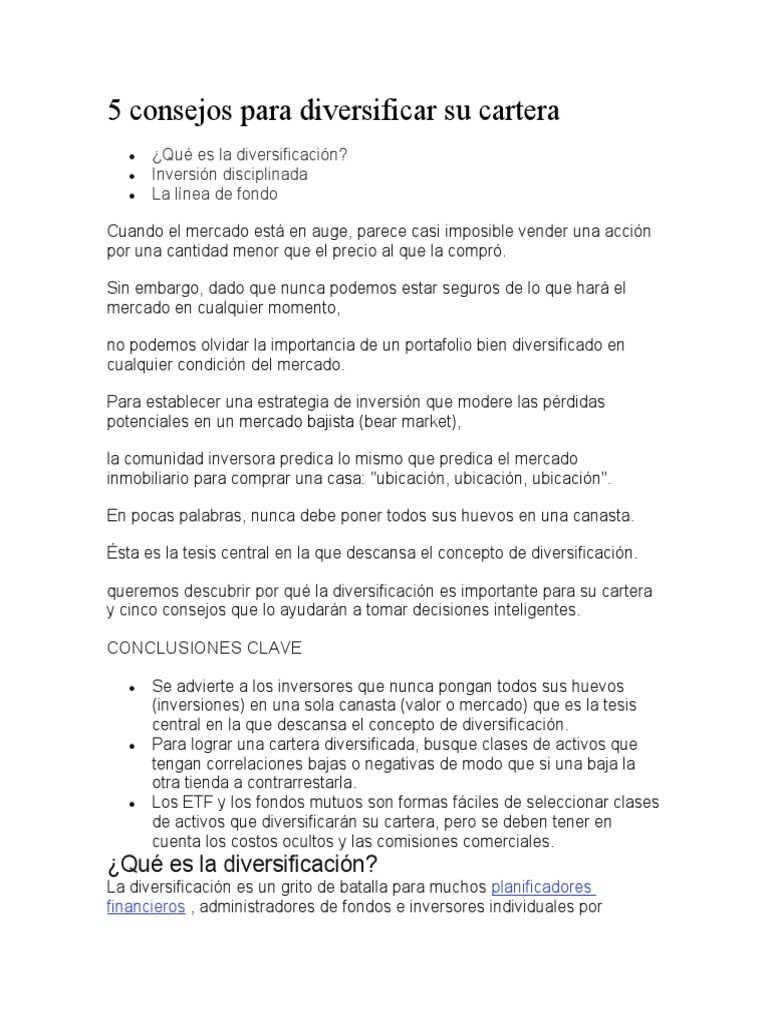 Consejos para diversificar tu cartera de inversiones