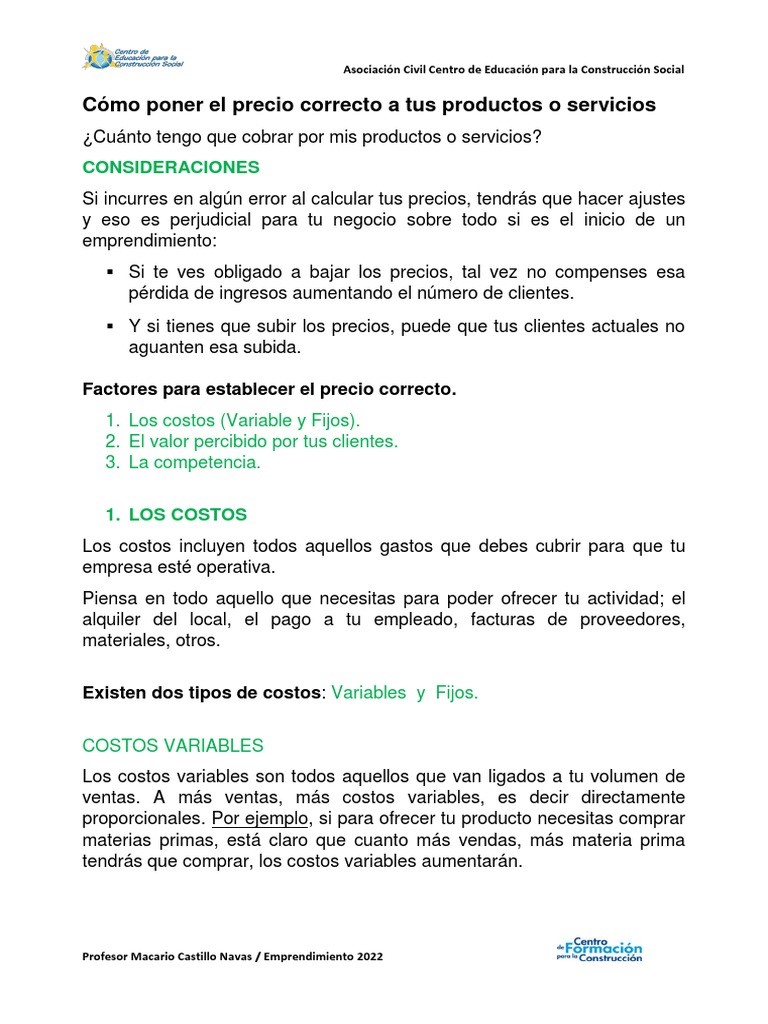 Establecimiento del precio adecuado